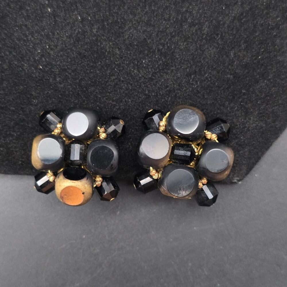 Signed Eugene Black Beaded Cluster Clip On Earrings Brushed Gold Tone Vintage